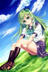  bad_id bad_pixiv_id contemporary douji frog_hair_ornament grass green_eyes green_hair hair_ornament holding_legs kochiya_sanae loafers long_hair school_uniform serafuku shoes snake solo thighs touhou 