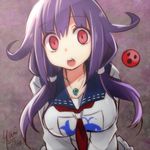  1girl blue_hair breasts empty_eyes gameplay_mechanics jewelry kantai_collection long_hair looking_at_viewer low_twintails necklace open_mouth purple_hair red_eyes sailor_dress solo taigei_(kantai_collection) twintails yumi_ymui yumi_yumi 