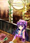  adapted_costume bad_id bad_pixiv_id book book_stack bookshelf breasts cleavage corset crescent crescent_hair_ornament double_bun flying gears glowing hair_ornament hand_in_hair hat head_wings koakuma large_breasts library light_frown long_hair looking_at_viewer mob_cap multiple_girls open_book patchouli_knowledge pillar plant purple_eyes purple_hair railing red_hair sidelocks table touhou uemura_shun vines voile 