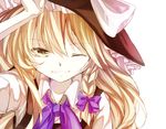  blonde_hair braid hand_on_headwear hat kirisame_marisa knora long_hair one_eye_closed side_braid smile touhou witch_hat yellow_eyes 