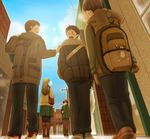  4boys backpack bad_id bad_pixiv_id bag blush boots breath brown_gloves brown_hair brown_scarf buttons city day elly_(toytronica) from_behind from_below gloves hand_in_pocket hand_on_another's_shoulder long_hair looking_at_another multiple_boys open_mouth outdoors pants road scarf sky street stuffed_animal stuffed_toy teddy_bear walking 