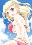  bangs bikini blonde_hair blue_sky blunt_bangs blush breasts cloud day kichihachi large_breasts light_rays long_hair looking_at_viewer open_mouth red_bikini red_eyes sky solo sunbeam sunlight swimsuit tokyo_7th_sisters twintails two_side_up uesugi_u_kyouko water_drop 