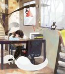  black_hair book chair commentary cup ghost indoors looking_away mamico mug original pantyhose pencil short_hair sitting spirit stairs studying table window 