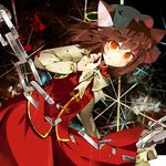  animal_ears blood blood_on_face bow bowtie broken broken_chain brown_eyes brown_hair cat_ears chain chen crushing ear_piercing elbow_gloves glint gloves grey_bow grey_neckwear hat long_skirt nail_polish piercing red_nails red_skirt skirt solo tamagogayu1998 touhou 