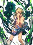  blonde_hair breasts cleavage clenched_teeth collarbone danmaku exploding_clothes green_eyes hand_on_own_face highres large_breasts looking_at_viewer melon22 mizuhashi_parsee shirt skirt solo teeth torn_clothes torn_shirt torn_skirt touhou 