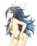  adapted_costume aqua_eyes bare_legs big_hair black_hair blush breasts from_side hair_ribbon hand_on_hip hand_on_thigh hands_on_legs kantai_collection katsuragi_(kantai_collection) lang_(chikage36) leaning_forward long_hair looking_at_viewer parted_lips ponytail ribbon sideboob simple_background small_breasts solo white_background white_ribbon 