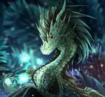  2018 ambiguous_gender blurred_background detailed_background digital_media_(artwork) dragon feral green_scales horn red_eyes scales solo spines telleryspyro wyvern 