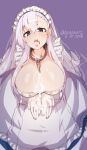  1girl apron azur_lane belfast_(azur_lane) blue_dress blush breasts chains collar cum cum_in_mouth cum_on_body cum_on_breasts cum_on_hair cum_on_upper_body dated dress facial gloves hair_between_eyes huge_breasts long_hair looking_at_viewer maid maid_apron maid_headdress metal_collar open_mouth own_hands_together purple_background purple_eyes signature silver_hair solo tilt-shift tongue tongue_out twitter_username white_apron white_gloves 