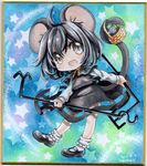  animal_ears capelet chibi colored_pencil_(medium) dowsing_rod gem grey_eyes grey_hair jewelry mosho mouse mouse_ears mouse_tail nazrin necklace open_mouth pendant shikishi shirt skirt skirt_set smile solo star tail touhou traditional_media vest watercolor_(medium) 
