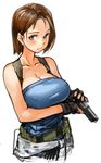  bare_shoulders black_gloves blue_eyes blush breasts brown_hair cleavage clothes_around_waist collarbone fingerless_gloves gloves gun handgun holding holding_gun holding_weapon jill_valentine large_breasts looking_away pistol resident_evil resident_evil_3 sachito short_hair simple_background solo upper_body weapon white_background 