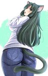  animal_ears ass black_hair blush breasts brown_eyes cat_ears cat_tail denim from_behind huge_ass jeans large_breasts long_hair looking_back open_mouth original pants sideboob sweater tail tonpuu turtleneck wide_hips 