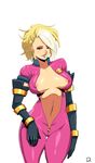  1girl blonde_hair breasts captain_planet d(artist) d_(artist) doctor_blight earrings jewelry nipple_slip purple_eyes smile solo white_background 