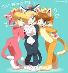  :o animal_costume animal_ears artist_name back blonde_hair blue_eyes blush brown_hair cat_ears cat_tail crown earrings english eromame gloves hair_over_one_eye hand_on_hip hands_clasped heart jewelry mario_(series) multiple_girls open_mouth own_hands_together paw_print paws princess_daisy princess_peach rosetta_(mario) smile super_mario_3d_world super_mario_bros. super_mario_galaxy tail white_gloves 