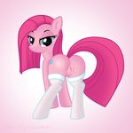  2015 anus blue_eyes butt cutie_mark edit equine female feral friendship_is_magic hair hi_res hisexpliciteditor horse legwear long_hair looking_at_viewer looking_back mammal my_little_pony nude pink_hair pink_theme pinkamena_(mlp) pinkie_pie_(mlp) pony pyruvate simple solo stockings straight_hair update vaginal 