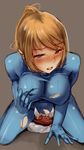  bestiality blonde_hair blue_eyes blush bodysuit breast_hold breasts cunnilingus full-face_blush girl_on_top half-closed_eyes large_breasts long_hair metroid metroid_(creature) monster noccu oral ponytail samus_aran self_fondle skin_tight solo straddling tongue tongue_out torn_bodysuit torn_clothes torogao zero_suit 