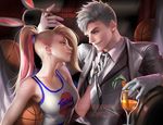  1girl animal_ears ball banned_artist basketball basketball_uniform blonde_hair blue_eyes bugs_bunny bunny_ears carrot carrot_juice clothes_writing cup drinking_glass earrings eye_contact fake_animal_ears formal gloves holding holding_ball humanization jersey jewelry lola_bunny long_hair looking_at_another looney_tunes naughty_face necktie parted_lips ponytail sakimichan short_hair silver_hair sleeveless space_jam sportswear suit watermark web_address wine_glass 