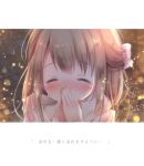  1girl bangs blurry blurry_background blush bow covered_mouth crying depth_of_field eyebrows_visible_through_hair eyes_closed facing_viewer fingernails hair_between_eyes hair_bow hands_up light_brown_hair long_hair nose_blush original own_hands_together pink_bow rin_(fuwarin) scarf solo tears translation_request white_scarf 