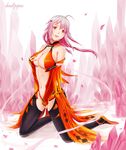  bare_shoulders black_legwear breasts center_opening cleavage dead7open detached_sleeves elbow_gloves fingerless_gloves gloves guilty_crown hair_ornament hairclip large_breasts long_hair looking_at_viewer navel pink_hair red_eyes smile solo thighhighs twintails yuzuriha_inori 