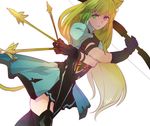  animal_ears arrow atalanta_(fate) bad_id bad_pixiv_id blonde_hair bow_(weapon) cat_ears dress fate/apocrypha fate_(series) garter_straps gloves gradient_hair green_eyes green_hair heru_(goldprin) long_hair multicolored_hair solo two-tone_hair weapon 