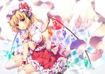  ascot blonde_hair bow dress flandre_scarlet frilled_dress frills garter_straps hat hat_bow mob_cap open_mouth puffy_short_sleeves puffy_sleeves red_dress red_eyes riichu sash short_sleeves side_ponytail sitting smile solo thighhighs touhou wariza white_legwear wings wrist_cuffs zettai_ryouiki 