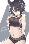  alternate_costume arm_behind_back bare_shoulders breasts chestnut_mouth dated eyepatch headgear highres kantai_collection looking_at_viewer medium_breasts midriff mku navel open_mouth purple_hair short_hair solo tenryuu_(kantai_collection) yellow_eyes 