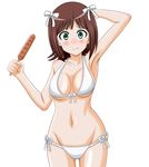  amami_haruka arms_up bikini brown_hair corndog green_eyes highres idolmaster idolmaster_(classic) short_hair swimsuit takumi_(rozen_garten) 