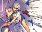  blue_dress braid breasts dress exploding_clothes izayoi_sakuya knife large_breasts maid maid_headdress melon22 no_bra puffy_short_sleeves puffy_sleeves red_eyes shirt short_sleeves silver_hair solo spread_legs throwing_knife torn_clothes torn_dress torn_shirt touhou twin_braids weapon 