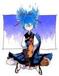  blue_hair dated fiery_hair indian_style japanese_clothes l_hakase looking_at_viewer male_focus sandals sayo_samonji sitting solo touken_ranbu twitter_username 