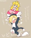 animal_costume animal_ears blonde_hair blush cat_ears cat_tail crown dress earrings elbow_gloves eromame flustered flying_sweatdrops gloves hair_over_one_eye jewelry long_hair mario_(series) multiple_girls paws pink_dress princess_peach rosetta_(mario) running smile super_mario_3d_world super_mario_bros. tail translated white_gloves 