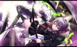  belt black_dress black_legwear bow brown_eyes dress hair_bow highres hiiragi_shinoa hk_(hk) katana letterboxed light_smile neckerchief owari_no_seraph perspective purple_hair school_uniform serafuku solo sword thighhighs upside-down weapon zettai_ryouiki 