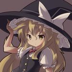  bad_id bad_pixiv_id blonde_hair expressionless grey_background hand_on_headwear hat hat_ribbon kirisame_marisa long_hair looking_at_viewer lowres puffy_short_sleeves puffy_sleeves ribbon ryogo short_sleeves simple_background solo touhou upper_body vest witch_hat yellow_eyes 