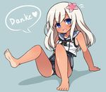  :d bad_id bad_pixiv_id barefoot blonde_hair blue_eyes crop_top flower german hair_flower hair_ornament haniwagi_(hal) kantai_collection long_hair one-piece_tan open_mouth ro-500_(kantai_collection) sailor_collar school_swimsuit sitting smile swimsuit swimsuit_under_clothes tan tanline 