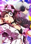  1girl bow bra brown_hair disco_ball hair_bow headphones kujikawa_rise lens_flare megami_tensei multicolored_background narukami_yuu official_art open_jacket persona persona_4 persona_4:_dancing_all_night product_placement shin_megami_tensei silver_hair twintails underwear zipper 