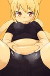  akitaka blonde_hair brown_eyes cat chubby feline female flat_chested fur hair kemono mammal short_hair sweat yellow_fur 