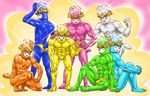  aqua_skin barefoot blue_skin commentary_request dory fairy_tone fary full_body gold_trim green_skin lary male_focus miry multiple_boys muscle no_humans one_eye_closed orange_skin personification pink_skin precure rery shirtless sitting sory standing suite_precure tail tiry v what white_skin yamakee_(y1m1d9) yellow_skin 