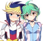  1girl blonde_hair blue_eyes blue_hair blush choker earrings gem green_hair jewelry jumpsuit multicolored_hair rin_(yuu-gi-ou_arc-v) short_hair two-tone_hair yukimachi_tounosuke yuu-gi-ou yuu-gi-ou_arc-v yuugo_(yuu-gi-ou_arc-v) zipper 