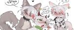 2025 2_horns ahoge ambiguous_anthro ambiguous_gender ambiguous_on_anthro animal_print anthro being_watched belly belly_markings biped blue_eyes blush bodily_fluids bovid bovid_horn brown_body brown_fur canid canine caprine caprine_horn chest_tuft clothed clothed_ambiguous clothed_anthro clothing collar collar_only countershading cow_print cropped dialogue digital_drawing_(artwork) digital_media_(artwork) from_behind_position fur fur_tuft goat goat_horn green_eyes group hair half-closed_eyes heart_reaction hi_res highlights_(coloring) horizontal_pupils horn inner_ear_fluff interspecies korean_text looking_at_another mammal markings monotone_body monotone_fur multicolored_body multicolored_fur narrowed_eyes nude nude_ambiguous nude_anthro offscreen_sex one_eye_closed open_clothing open_mouth open_shirt open_topwear orange_eyes partially_clothed pink_highlights pupils sex shaded shaking shirt short_hair side_view simple_background slim slim_ambiguous slim_anthro soft_shading speech_bubble straight_hair sweat text topwear tremble_lines trembling trio tuft two_tone_body two_tone_fur underwear vitame83 white_background white_body white_countershading white_fur white_hair
