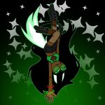 1:1 animal_humanoid black_hair bottomwear bracelet canid canid_humanoid canine canine_ears canine_humanoid cleavage_cutout clothing crop_top cutout dark_body dark_skin eyewear female glasses gradient_background green_clothing green_topwear hair hi_res homestuck humanoid jade_harley jewelry mammal mammal_humanoid ms_paint_adventures shirt shorts simple_background solo tail topwear upside_down white_tail yesteriya