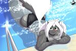anthro bikini butt chrisandcompany clothing female green_eyes hi_res kelsey_sienna looking_at_viewer mammal mephitid skunk smile solo swimming_pool swimwear tail two-piece_swimsuit wet