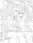  1boy 1girl bag baggy_clothes bow bowtie breasts closed_eyes cloud collared_shirt commentary_request couple curtained_hair drawstring earbuds earphones facing_ahead facing_down feet_out_of_frame from_below graphite_(medium) greyscale hand_in_pocket highres holding_another's_arm hood hood_down hoodie jcjiro leaning_on_person lineart long_hair long_sleeves monochrome original pants perspective school_bag school_uniform shirt short_hair sitting skirt sky sleeping sweater thighhighs traditional_media train_interior window 