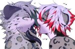 after_kiss anthro anthro_on_anthro black_tongue bodily_fluids bust_portrait cheek_tuft crowlix dripping drooling duo facial_tuft felid femboy femboy/femboy fur grey_body grey_hair hair hi_res holding_tongue kissing long_tongue male male/male male_anthro mammal markings multicolored_body multicolored_fur multicolored_hair open_mouth pantherine portrait red_hair saliva saliva_bubble saliva_drip saliva_on_tongue short_hair simple_background snow_leopard spots spotted_body tongue tongue_grab tongue_out tuft white_background white_hair