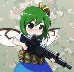  camouflage daiyousei denel_paw-20 eotech green_eyes green_hair grenade_launcher gun kusaba_(kusabashiki) load_bearing_vest short_hair side_ponytail solo touhou trigger_discipline weapon wings 