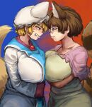 animal_humanoid big_breasts blonde_hair blush breast_squish breasts breasts_frottage brown_eyes brown_hair canid canid_humanoid canine canine_humanoid chanta clothing dress duo eye_contact eyewear face_to_face female fox_humanoid glasses hair hi_res human_and_animal_ears humanoid looking_at_another mamizou_futatsuiwa mammal mammal_humanoid multi_ear narrowed_eyes pince-nez ran_yakumo squish tanuki_humanoid teeth touhou wearing_glasses white_clothing white_dress yellow_eyes
