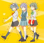  3girls bad_id bad_pixiv_id blue_eyes glasses green_hair half_updo happy inazuma_eleven inazuma_eleven_(series) kino_aki kudou_fuyuka legs multiple_girls otonashi_haruna purple_hair school_uniform short_hair walking 