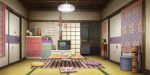  antique_phone bead_curtain beamed_eighth_notes book cabinet carpet crt cup cushion drawer dreamcatcher game_asset hanging_light haniwa_(statue) heart highres indoors mirror musical_note no_humans official_art phone rotary_phone saucer scenery sliding_doors sticker teacup teapot television third-party_source totem touhou touhou_lostword 