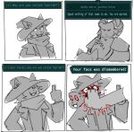 2025 absurd_res angry anthro armor attack blood bodily_fluids border bovid caprine caves_of_qud character_name clothed clothing comic dark_humor dialogue dialogue_box digital_drawing_(artwork) digital_media_(artwork) dismemberment domestic_cat duo english_text face_slap felid feline felis four_frame_image four_frame_sequence frown fur furgonomics goat goatfolk_(qud) hair hand_on_face hat headgear headwear hi_res horn humor jacket kerchief male mammal multiple_scenes mutilation narrowed_eyes neckerchief neckwear onomatopoeia open_mouth open_smile pauldron pochowek restricted_palette simple_background sketch slap smile sound_effects standing teeth text text_box topwear tuft white_background white_border wide_eyed