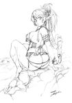  ass bustier curvy greyscale highres lingerie monochrome nekoguchi original panties pointy_ears sitting solo underwear 