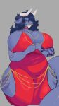 9:16 anthro aquatic belly big_breasts big_tail blue_body blue_hair bovid bovine breasts cattle clothing dress facial_piercing female fish forbobs2 hair hi_res horn huge_breasts hybrid hyper hyper_breasts mammal nose_piercing nose_ring olimpo piercing purple_eyes red_clothing red_dress ring_piercing shark solo standing tail tattoo