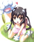  animal_ears backpack bag between_legs black_hair blush brown_eyes cat_ears cat_paws cat_tail dress hand_between_legs k-on! long_hair na!_(na'mr) nakano_azusa open_mouth paws randoseru round_teeth sitting solo tail teeth twintails wariza 