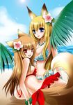  animal_ears beach bikini blonde_hair blue_eyes breasts brown_hair day flower fox_ears frilled_bikini frilled_swimsuit frills hair_flower hair_ornament hibiscus holo jewelry large_breasts long_hair medium_breasts multiple_girls necklace ocean open_mouth palm_branch red_eyes shinonome_ryuu spice_and_wolf swimsuit tail tenko_kuugen wagaya_no_oinari-sama wolf_ears wolf_tail 